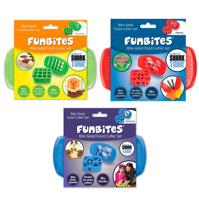 FUNBITES Sandwich Cutter for Kids Lunch, Mini Cookie Cutters, Bento Box Accessories, Cut Food into Bite-Size Shapes for Toddlers, Great for picky eaters - Green Squares/Red Hearts/Blue Triangles 3pk - Image 1